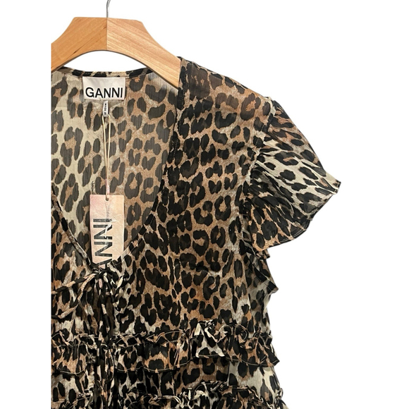 Ganni Blouse Womens Size 32 EU or XXS US Leopard Print Tie Front Short Sleeve - Picture 3 of 10